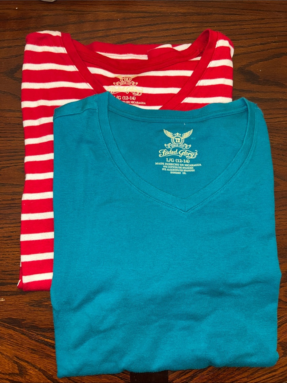 Faded Glory Long Sleeve Tees Set of 2- Teal and Red Stripes